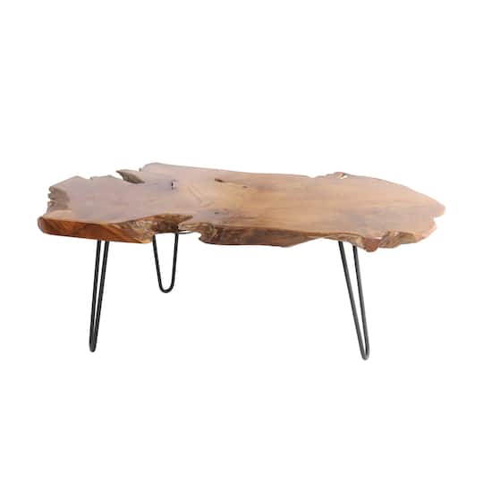43" Brown Teak Wood Handmade Live Edge Coffee Table with Black Metal Hairpin Legs